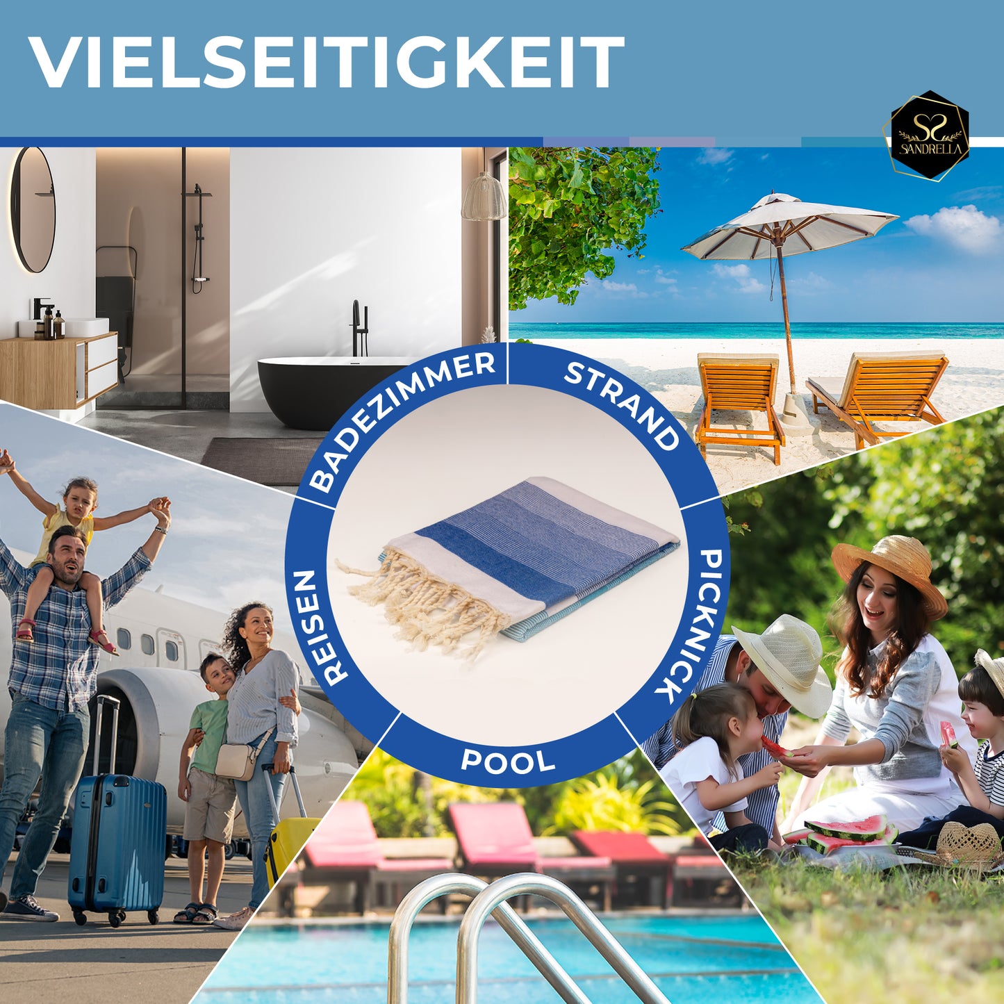 Sandrella Hamamtuch Sauna Damen & Herren groß 90x170 Baumwolle Strandtuch Decke Pestemal