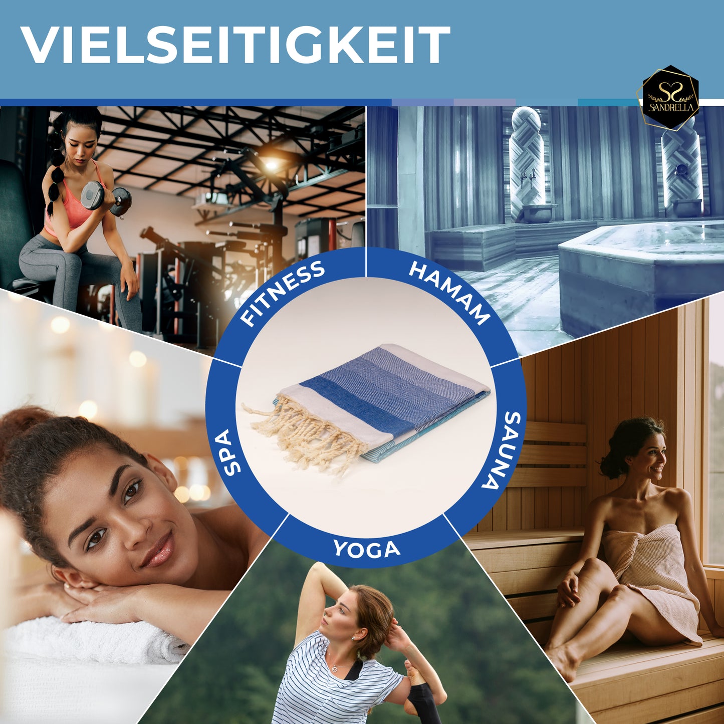 Sandrella Hamamtuch Sauna Damen & Herren groß 90x170 Baumwolle Strandtuch Decke Pestemal