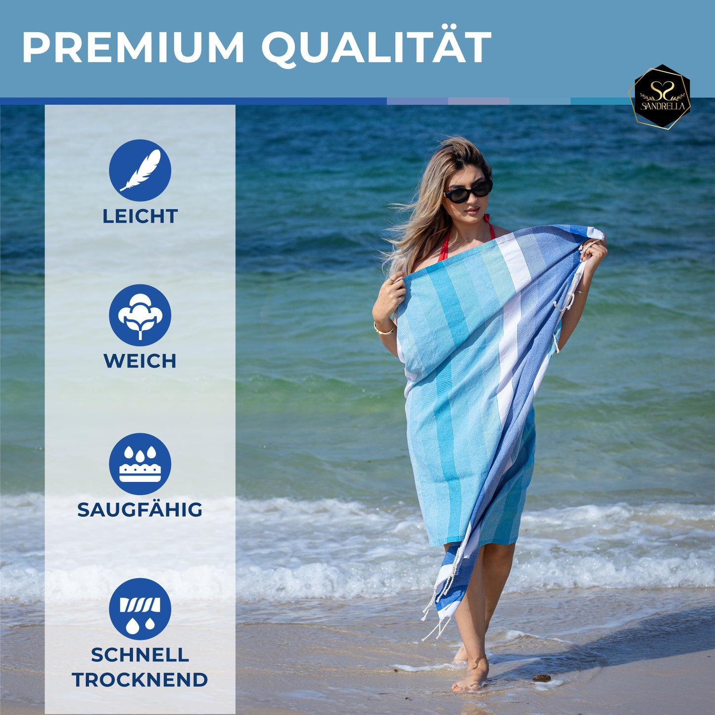 Sandrella Hamamtuch Sauna Damen & Herren groß 90x170 Baumwolle Strandtuch Decke Pestemal