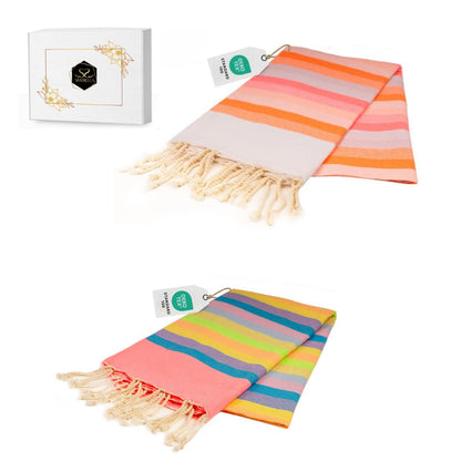 Doppelpack Hamamtuch 100 x 200 cm I pink gestreift / rosa & orange