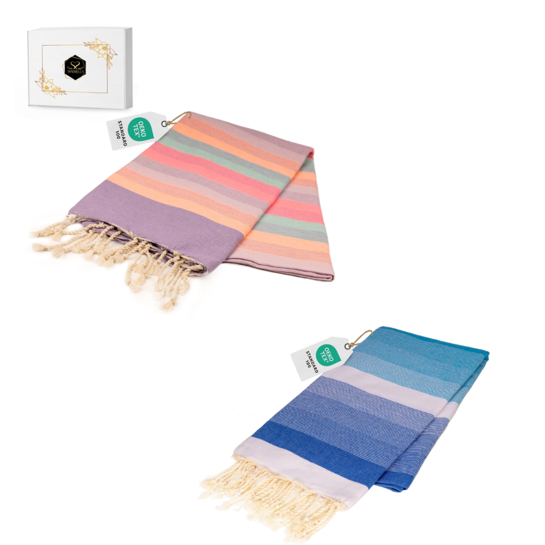 Doppelpack Hamamtuch 100 x 200 cm I  blau Verlauf / lila gestreift