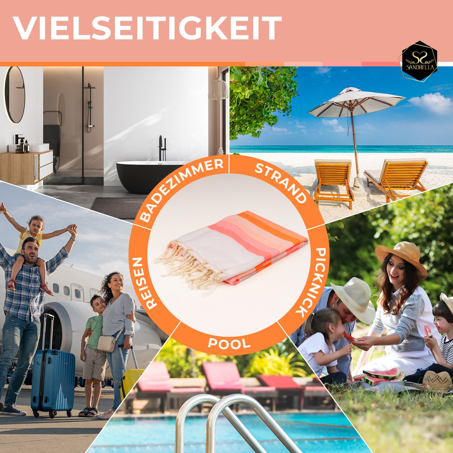 Farbenliebe Hamamtuch 100 x 200 cm I rosa / orange