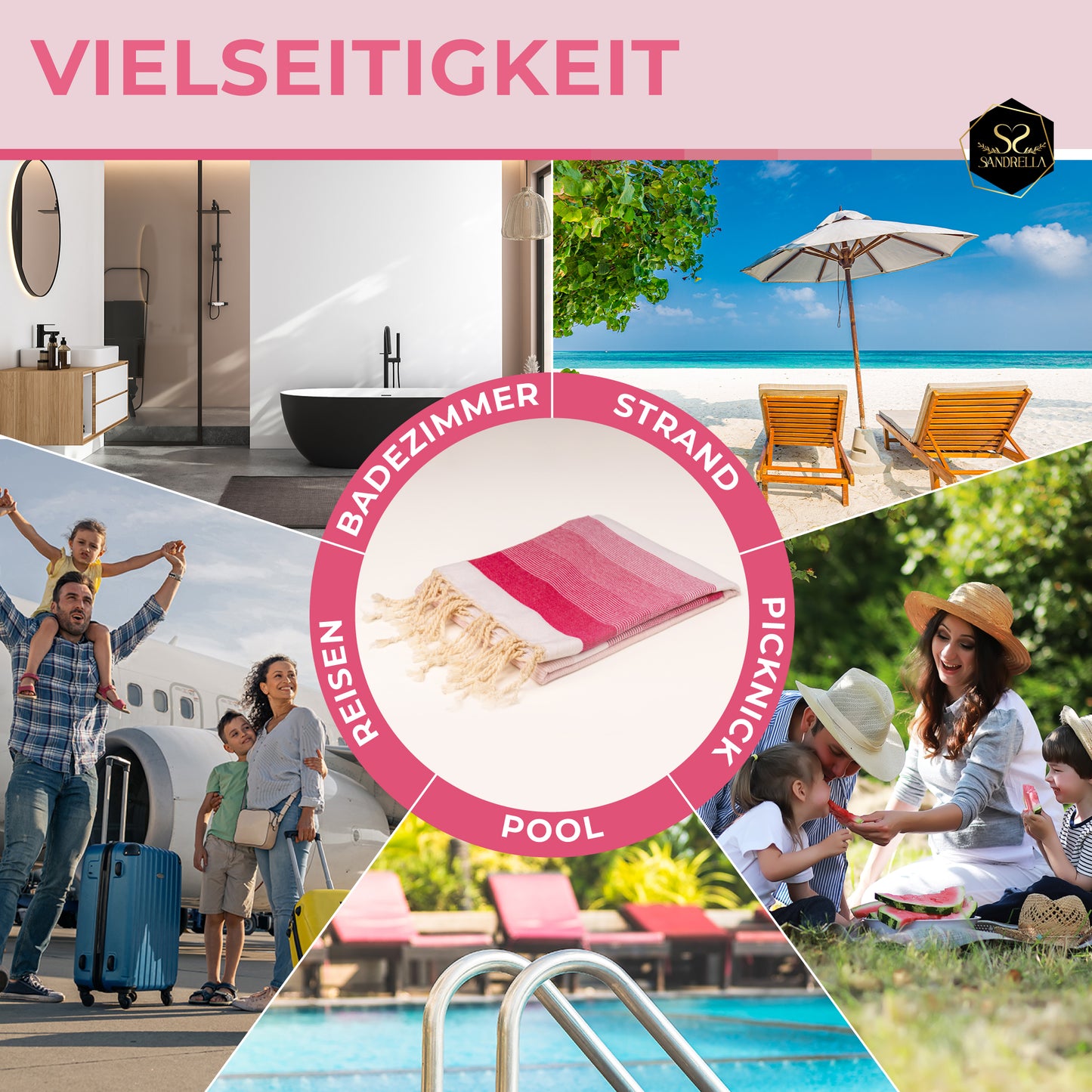 Doppelpack Hamamtuch 100 x 200 cm I  rosa Verlauf / lila gestreift