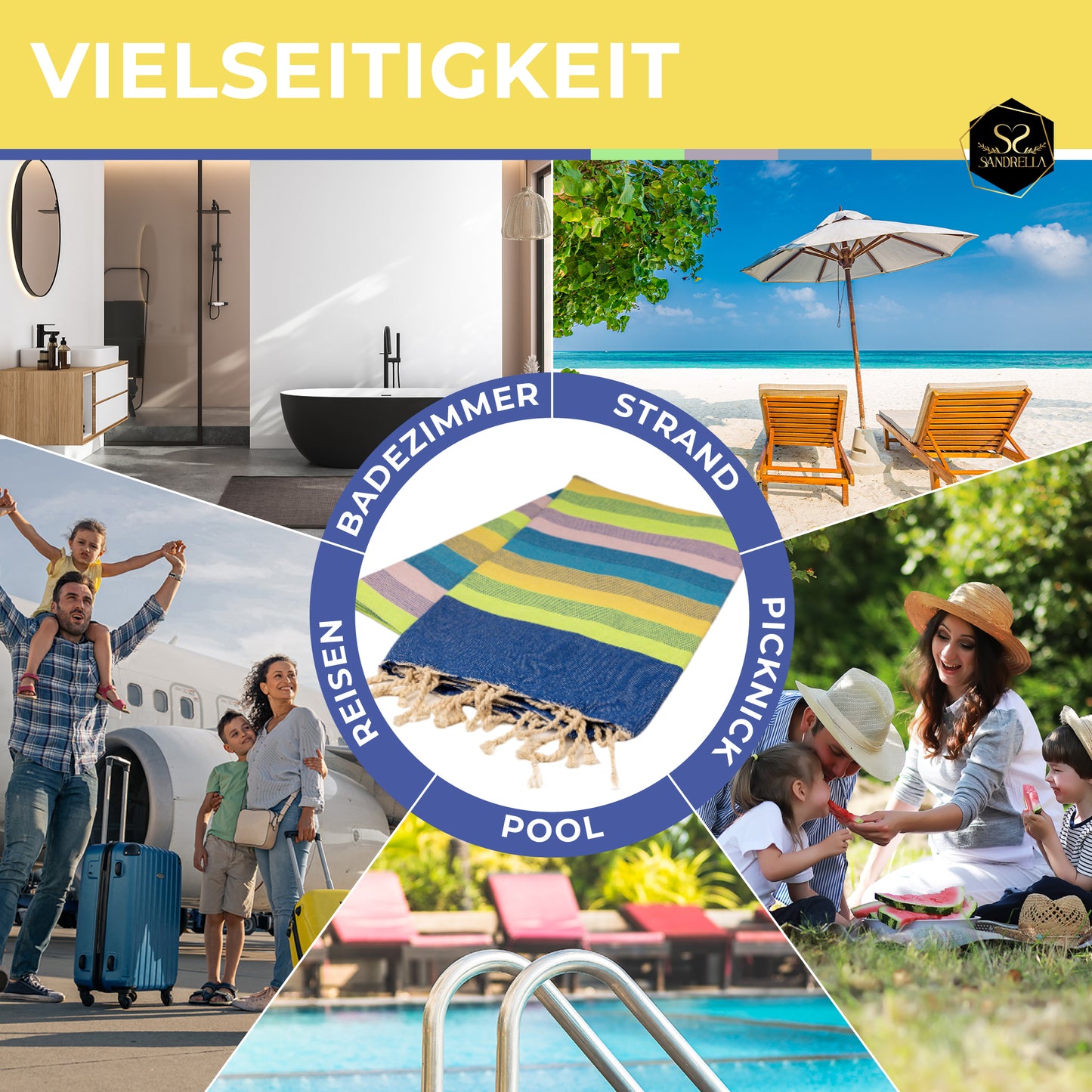 Sandrella Hamamtuch Sauna Damen & Herren groß 90x170 Baumwolle Strandtuch Decke Pestemal