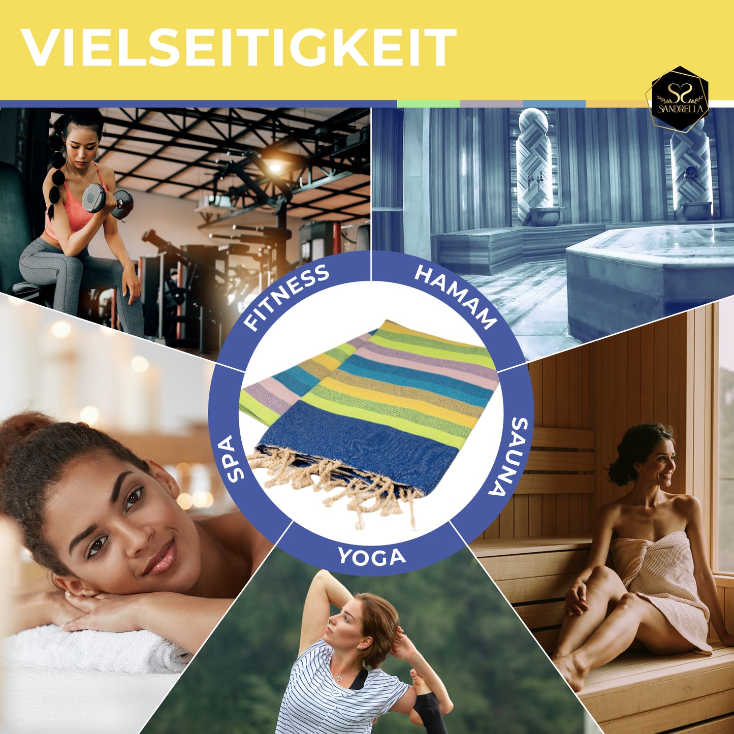 Sandrella Hamamtuch Sauna Damen & Herren groß 90x170 Baumwolle Strandtuch Decke Pestemal