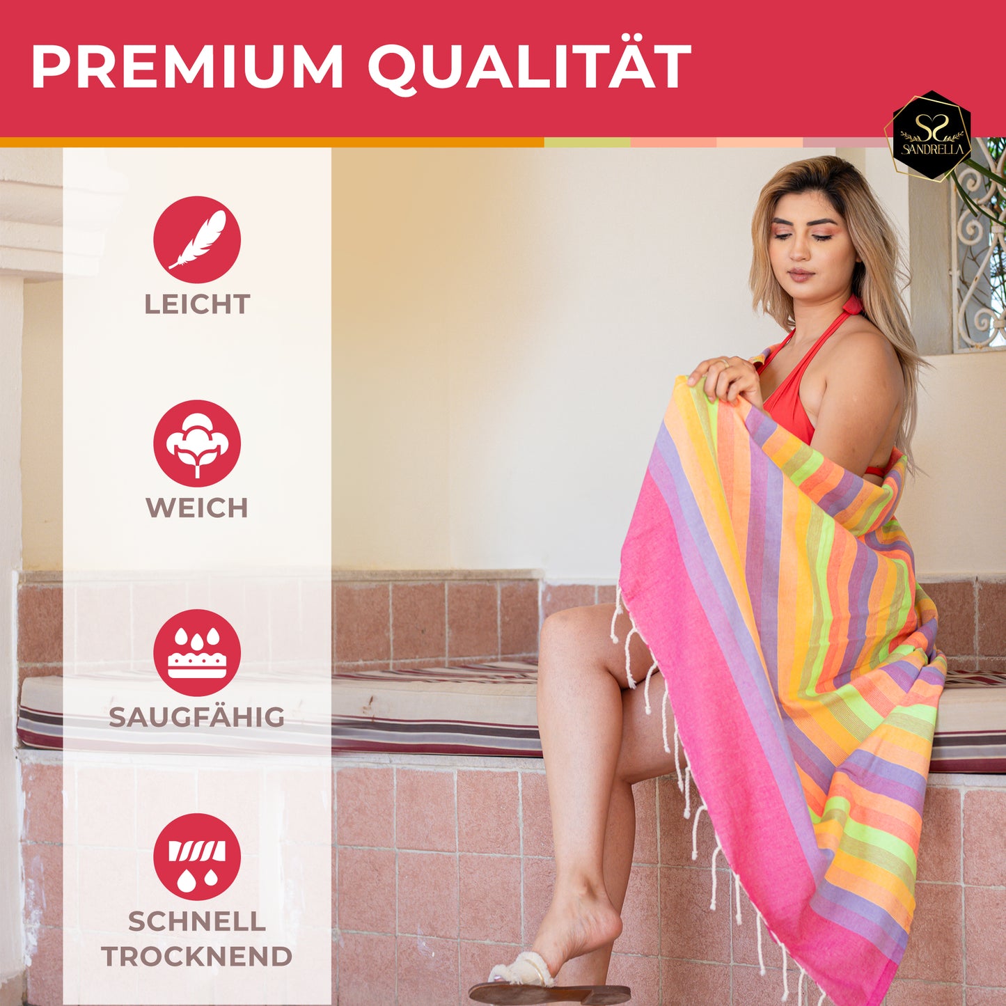 Farbenliebe Hamamtuch 100 x 200 cm I rot gestreift