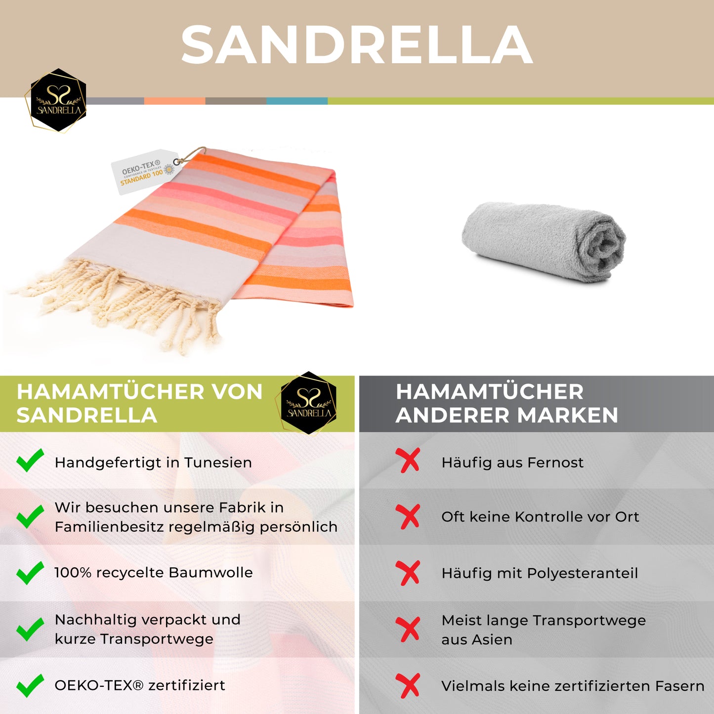 Sandrella Hamamtuch Sauna Damen & Herren groß 170x270 Baumwolle Strandtuch Decke Pestemal
